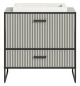 Moderner Waschtisch mit Waschbecken, Frontansicht, mit vertikalen Streifen und schwarzen Griffen.