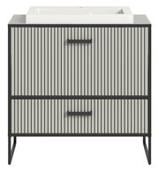 Moderner Waschtisch mit Waschbecken, Frontansicht, mit vertikalen Streifen und schwarzen Griffen.