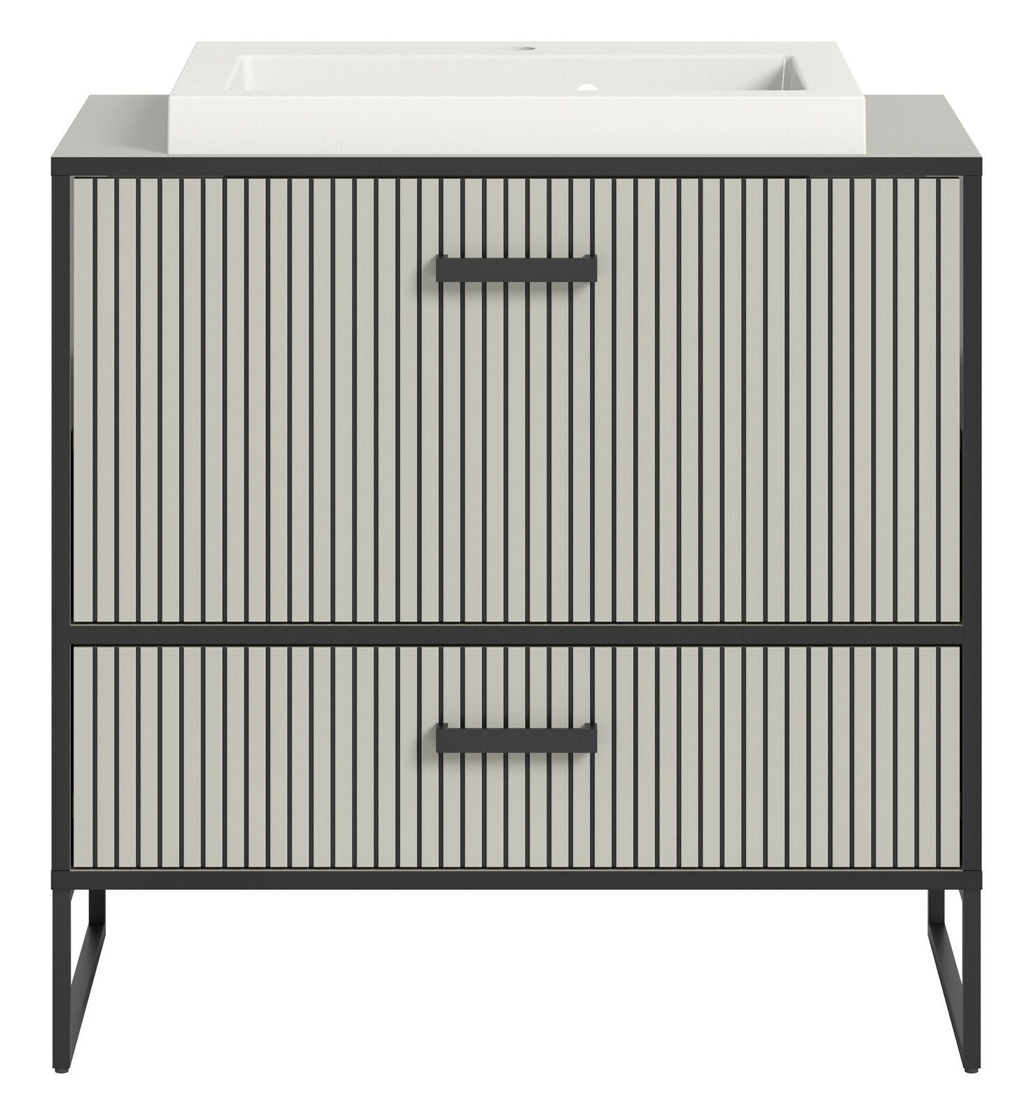Moderner Waschtisch mit Waschbecken, Frontansicht, mit vertikalen Streifen und schwarzen Griffen.