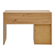 Moderner Schreibtisch aus Holz in Frontansicht mit klaren Linien und natürlicher Holzmaserung.