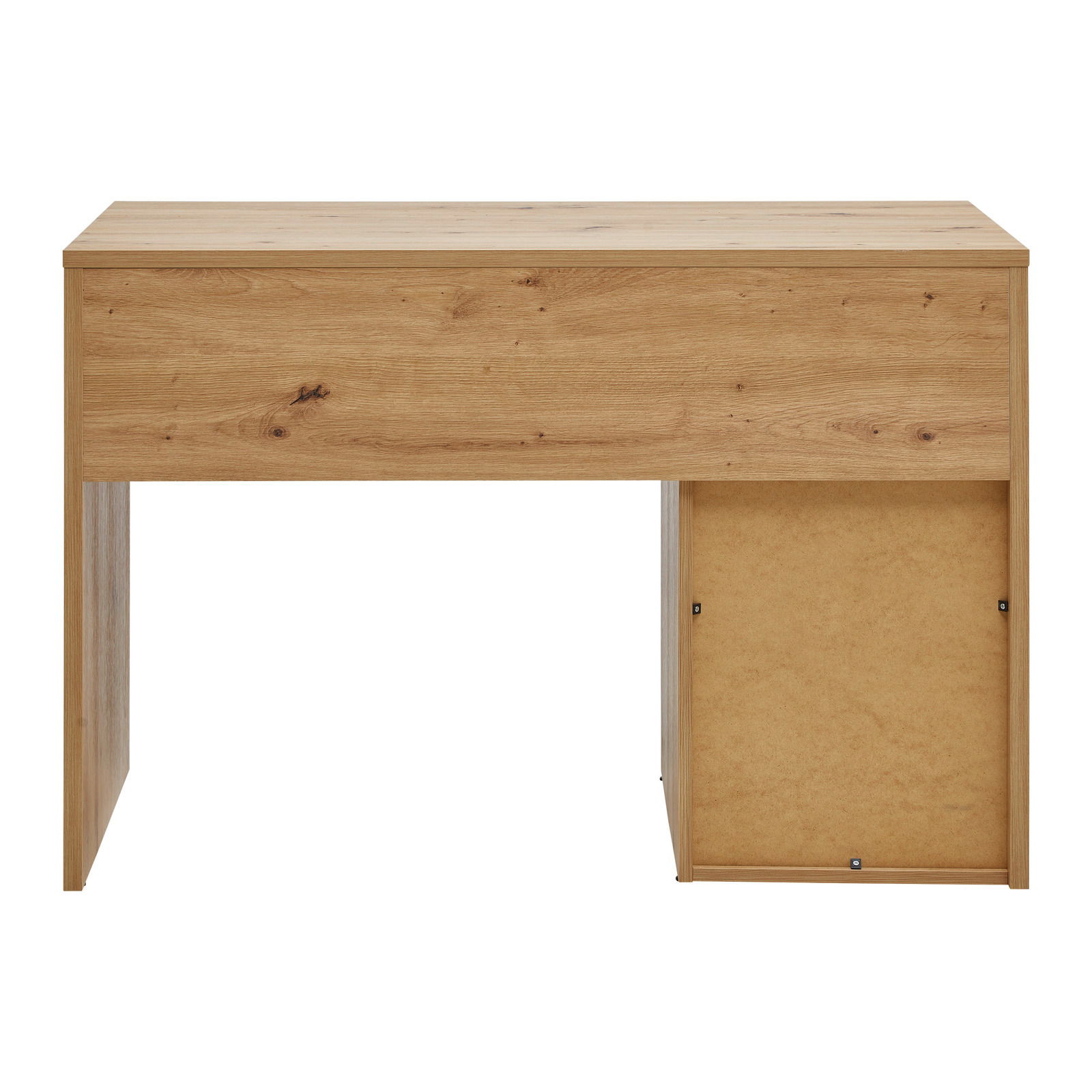 Moderner Schreibtisch aus Holz in Frontansicht mit klaren Linien und natürlicher Holzmaserung.