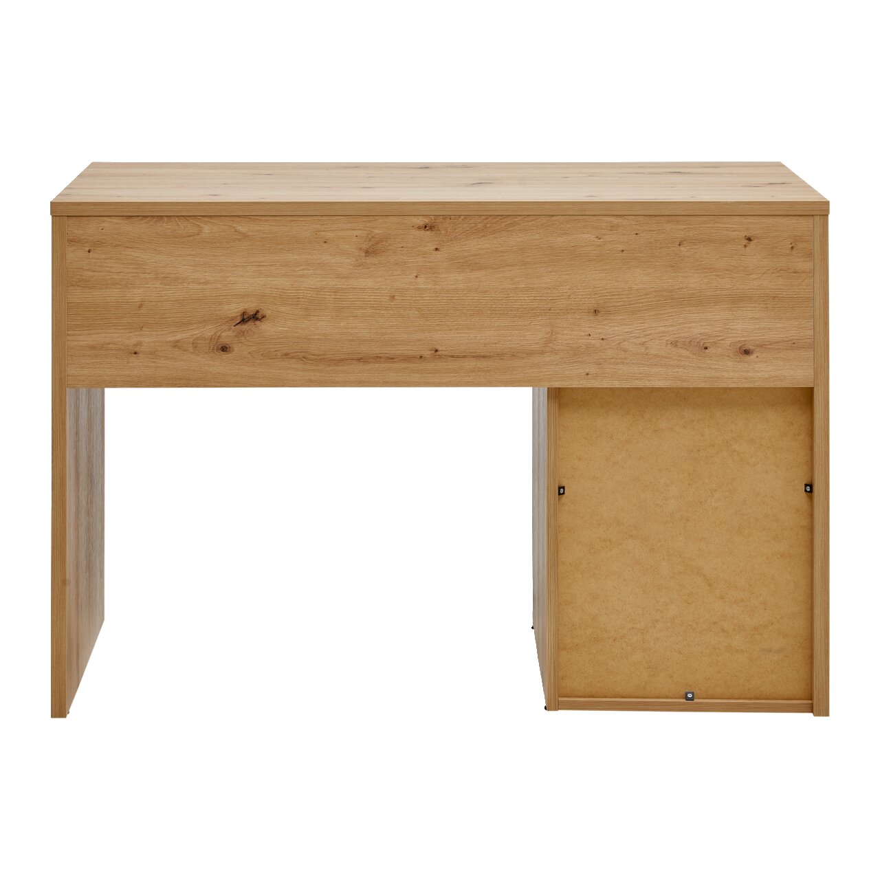 Modern houten bureau in vooraanzicht, met strakke lijnen en een natuurlijke houtnerf.