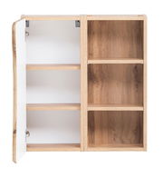 Hängeschrank mit offener Tür, zeigt zwei Fächer auf der linken Seite und drei offene Fächer auf der rechten Seite, aus Holz mit weißer Tür, Frontalansicht