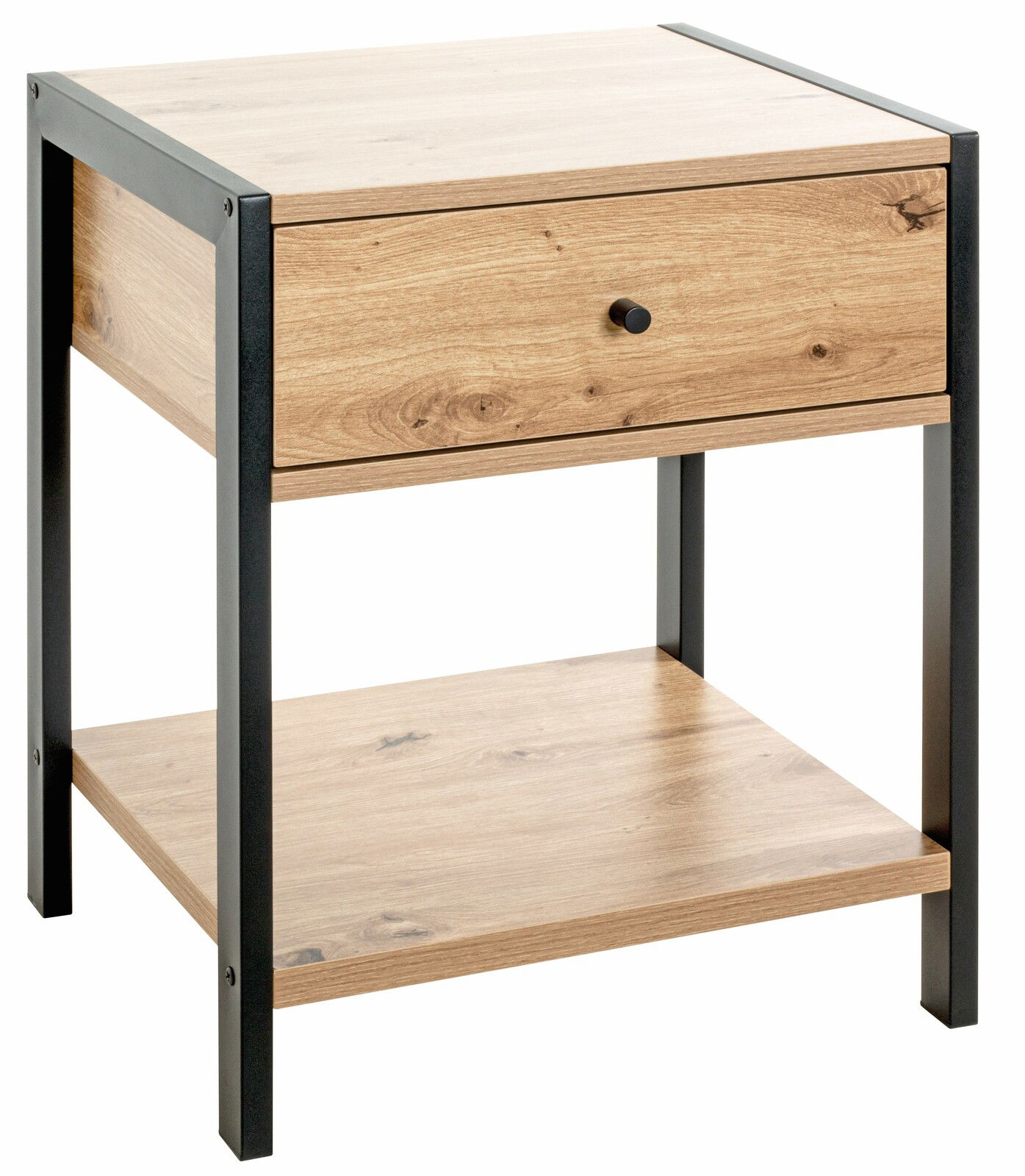Nachtkommode aus Holz mit schwarzem Metallrahmen, Schublade und Ablage, seitliche Perspektive