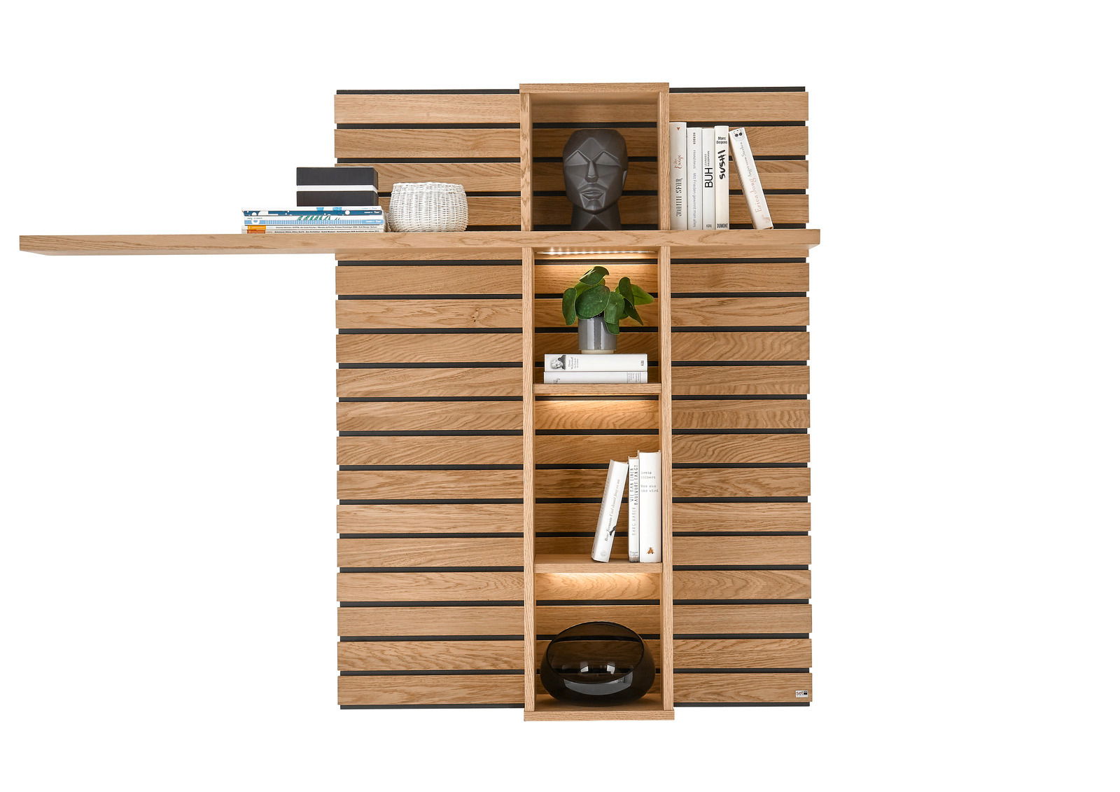 Hängepaneel aus Holz mit Regalen, frontal fotografiert. Dekoriert mit Büchern, einer Pflanze und einer Skulptur.