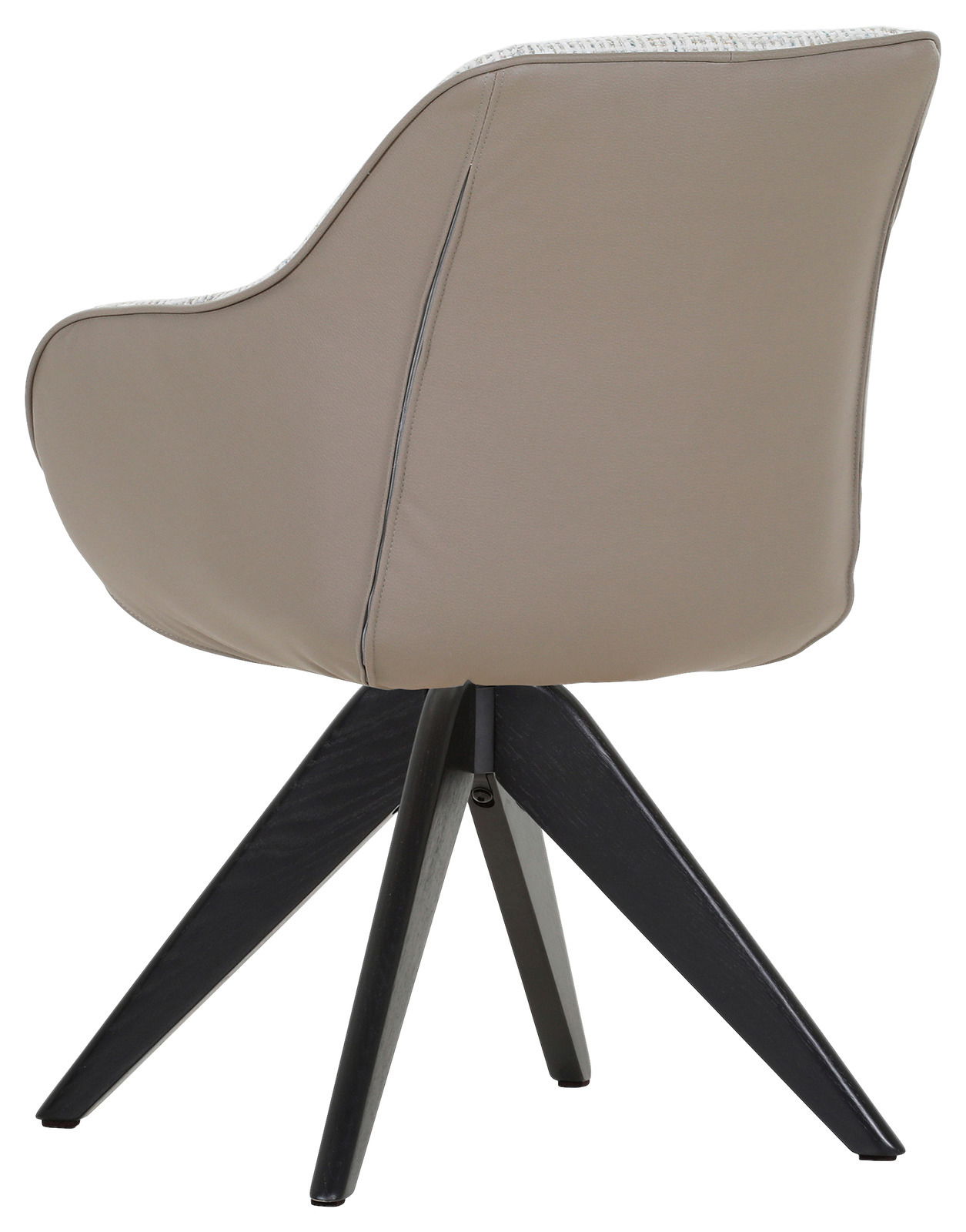 Rückansicht eines modernen Armlehnstuhls mit beigem Bezug und schwarzen Holzbeinen.