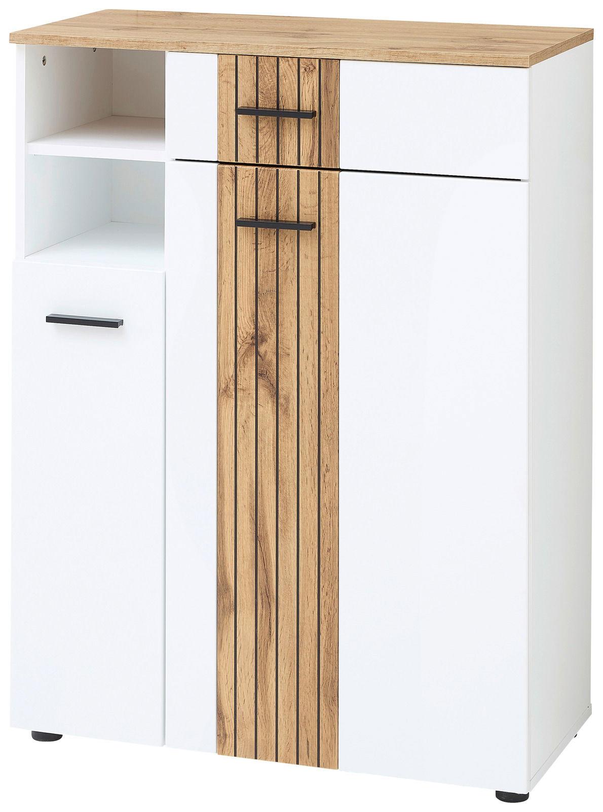 Moderner Schuhschrank in Weiß mit Holzdetails und schwarzen Griffen, frontal abgebildet.