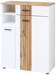 Moderner Schuhschrank in Weiß mit Holzdetails und schwarzen Griffen, frontal abgebildet.