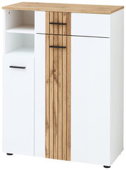 Moderner Schuhschrank in Weiß mit Holzdetails und schwarzen Griffen, frontal abgebildet.