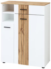Moderner Schuhschrank in Weiß mit Holzdetails und schwarzen Griffen, frontal abgebildet.