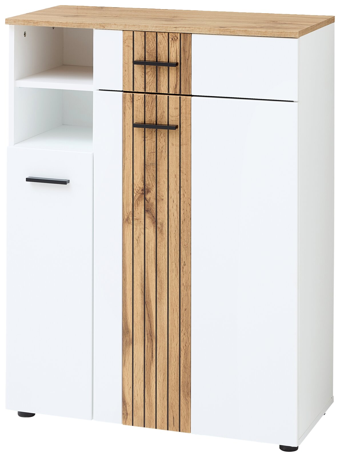Moderner Schuhschrank in Weiß mit Holzdetails und schwarzen Griffen, frontal abgebildet.