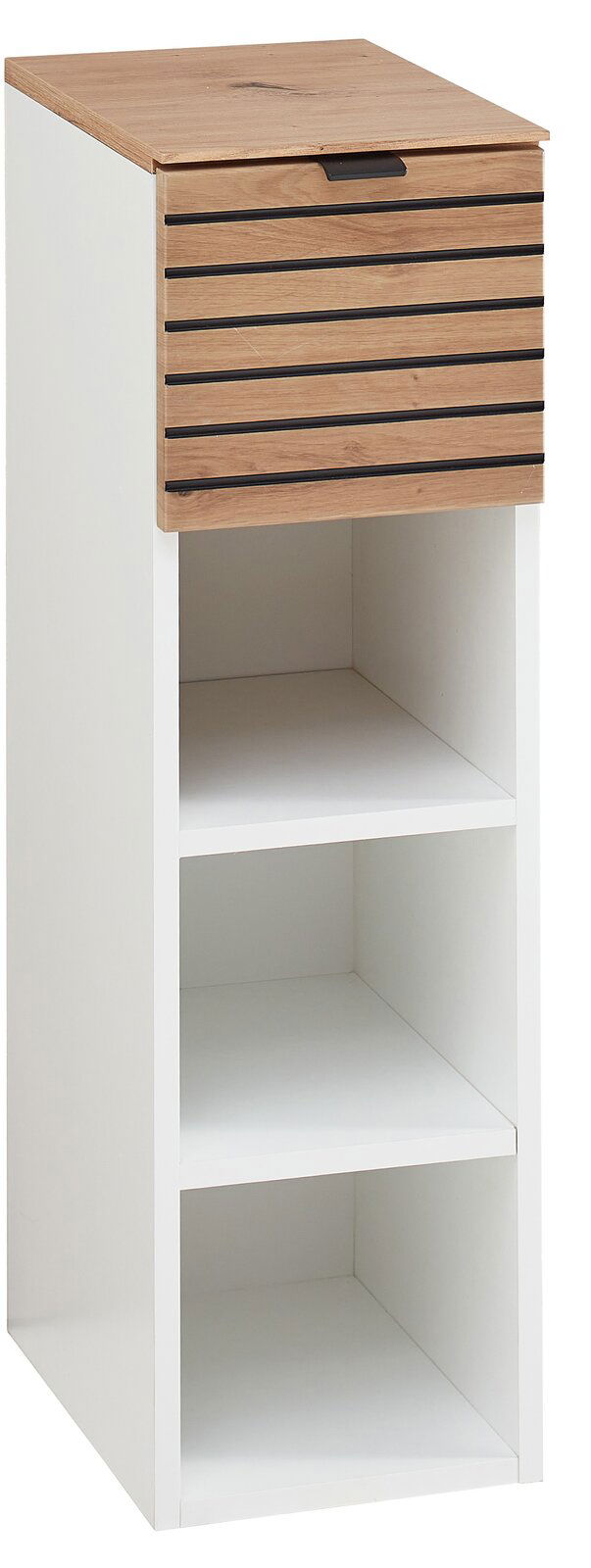 Voleo Hängeregal DIANA Hängeregal mit drei offenen Fächern und einer Schublade in Holzoptik, frontal betrachtet.