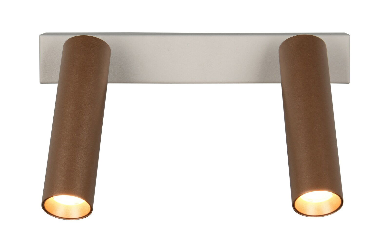 Zweiflammiger Strahler in brauner Farbe, von vorne betrachtet, mit zylindrischen Leuchten.