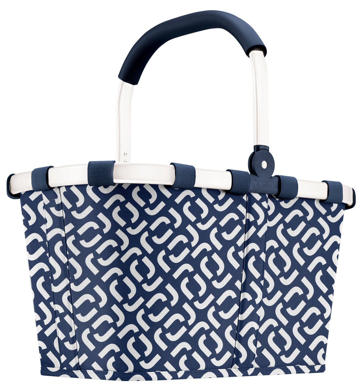 Reisenthel Carrybag Frame Signature Navy Tragetasche mit blau-weißem Muster, seitliche Perspektive