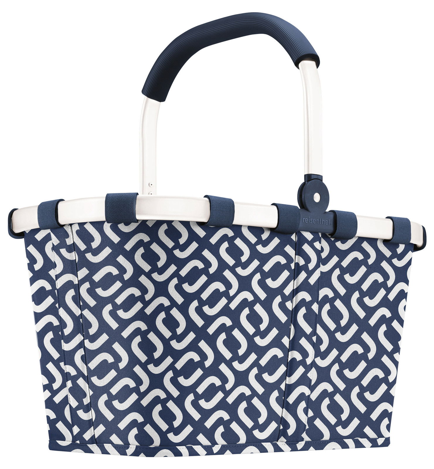 Tragetasche mit blau-weißem Muster, seitliche Perspektive
