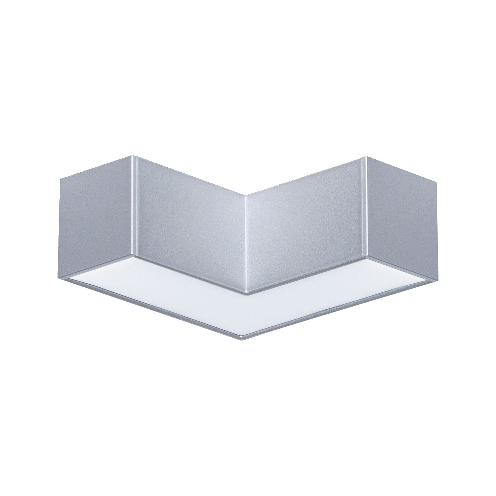Moderne, eckige Deckenleuchte in Silber mit opalem Diffusor, Ansicht von schräg unten in leichter Perspektive