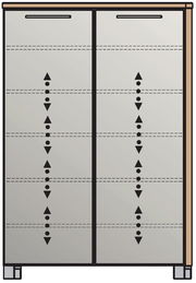 Frontansicht einer modernen Hoch-Schuhkommode mit zwei Türen und dekorativen vertikalen Mustern.