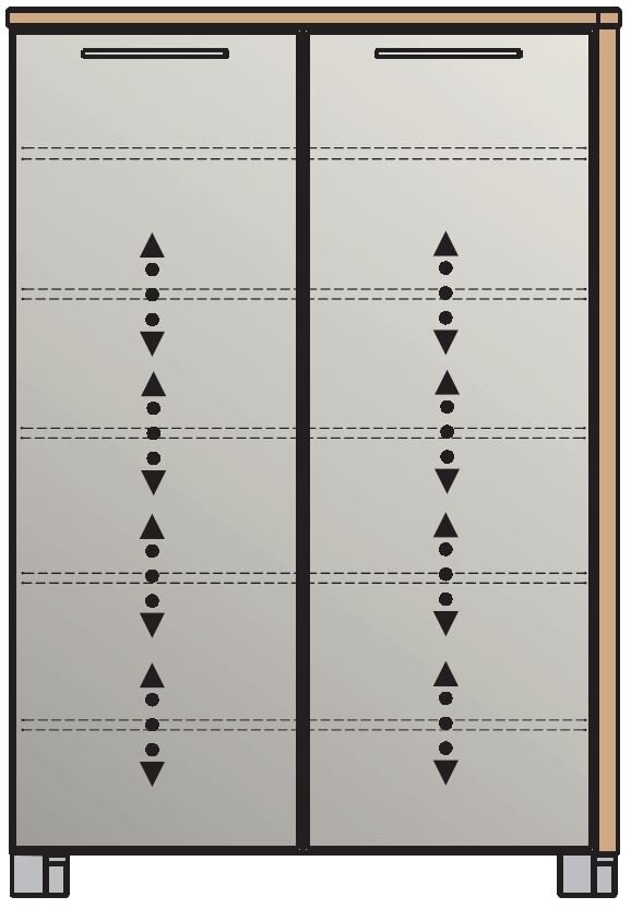 Frontansicht einer modernen Hoch-Schuhkommode mit zwei Türen und dekorativen vertikalen Mustern.