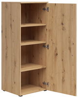 Holzkommode mit geöffneter Tür und vier Regalböden, Perspektive von vorne links