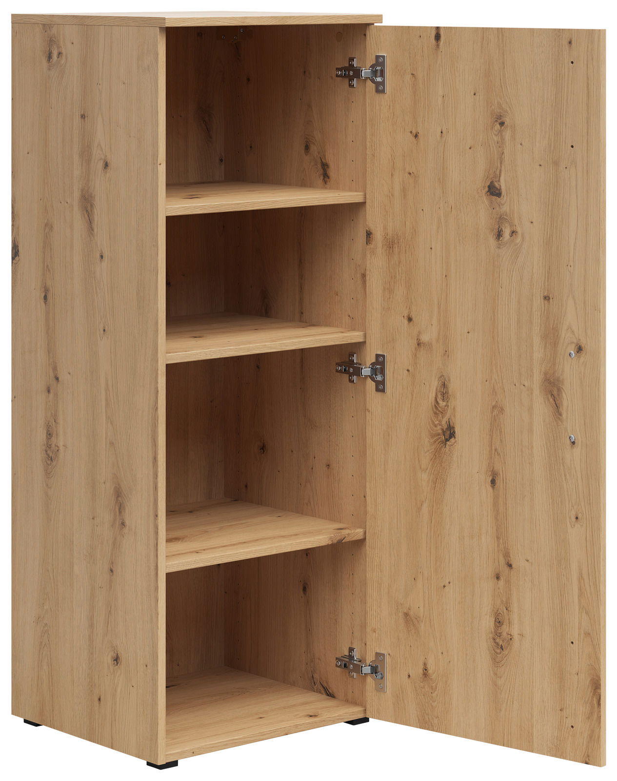 Holzkommode mit geöffneter Tür und vier Regalböden, Perspektive von vorne links