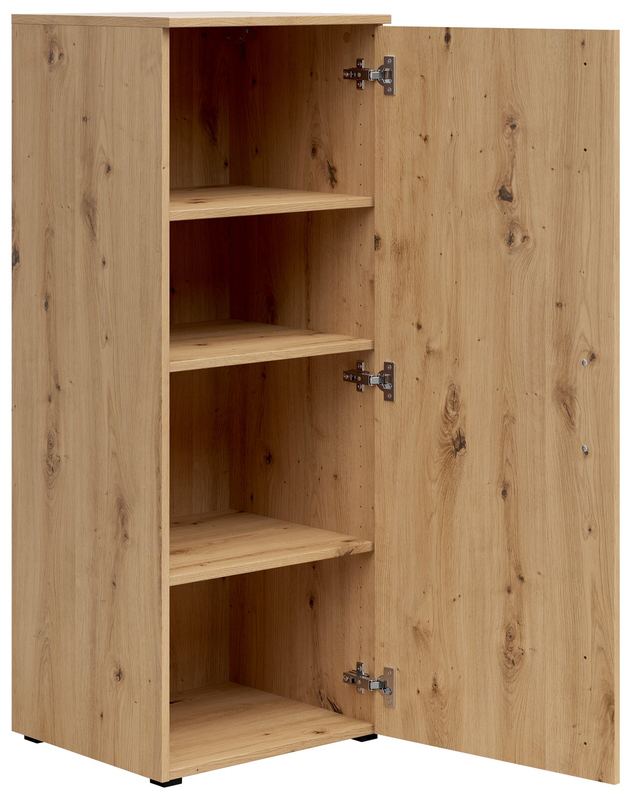 Holzkommode mit geöffneter Tür und vier Regalböden, Perspektive von vorne links