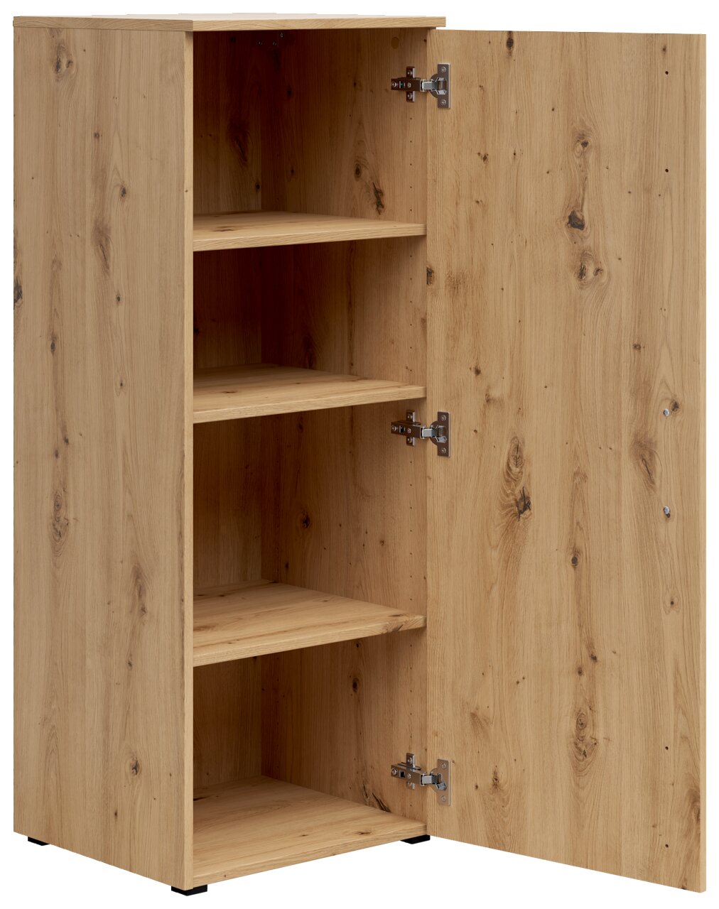 Holzkommode mit geöffneter Tür und vier Regalböden, Perspektive von vorne links