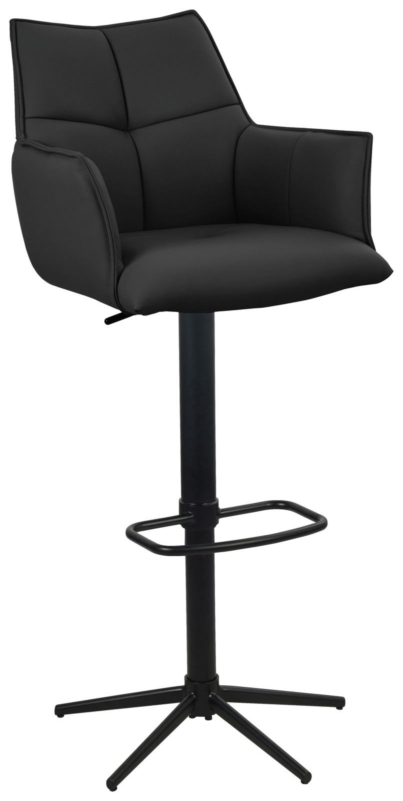 Moderner schwarzer Barstuhl mit gepolsterter Rückenlehne und Armlehnen, seitliche Perspektive