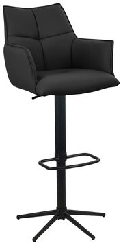 Moderner schwarzer Barstuhl mit gepolsterter Rückenlehne und Armlehnen, seitliche Perspektive