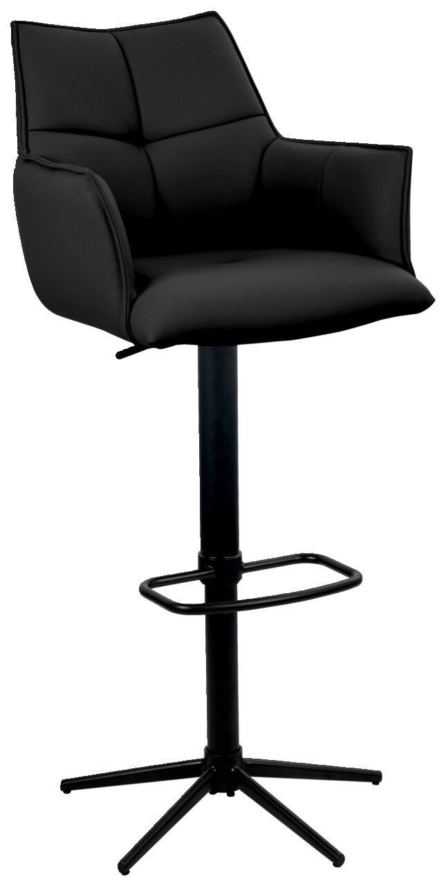 Moderner schwarzer Barstuhl mit gepolsterter Rückenlehne und Armlehnen, seitliche Perspektive