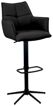 Moderner schwarzer Barstuhl mit gepolsterter Rückenlehne und Armlehnen, seitliche Perspektive