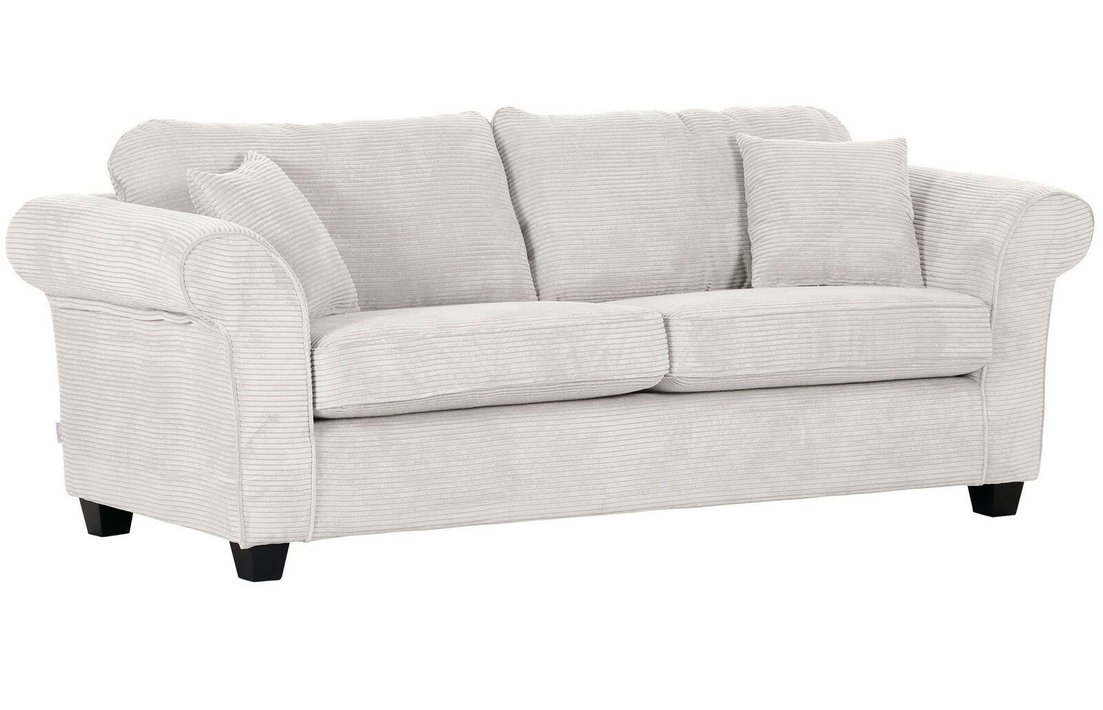 Beiges 3-Sitzer-Sofa mit geripptem Stoffbezug, seitliche Perspektive