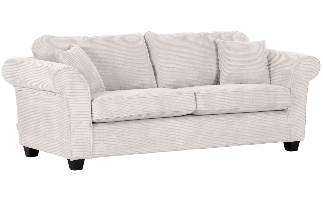 Beige driezitsbank met geribbelde stoffen bekleding, zijaanzicht