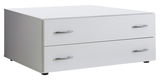 Weißer Schubkastenuntersatz mit zwei Schubladen und silbernen Griffen, seitliche Perspektive