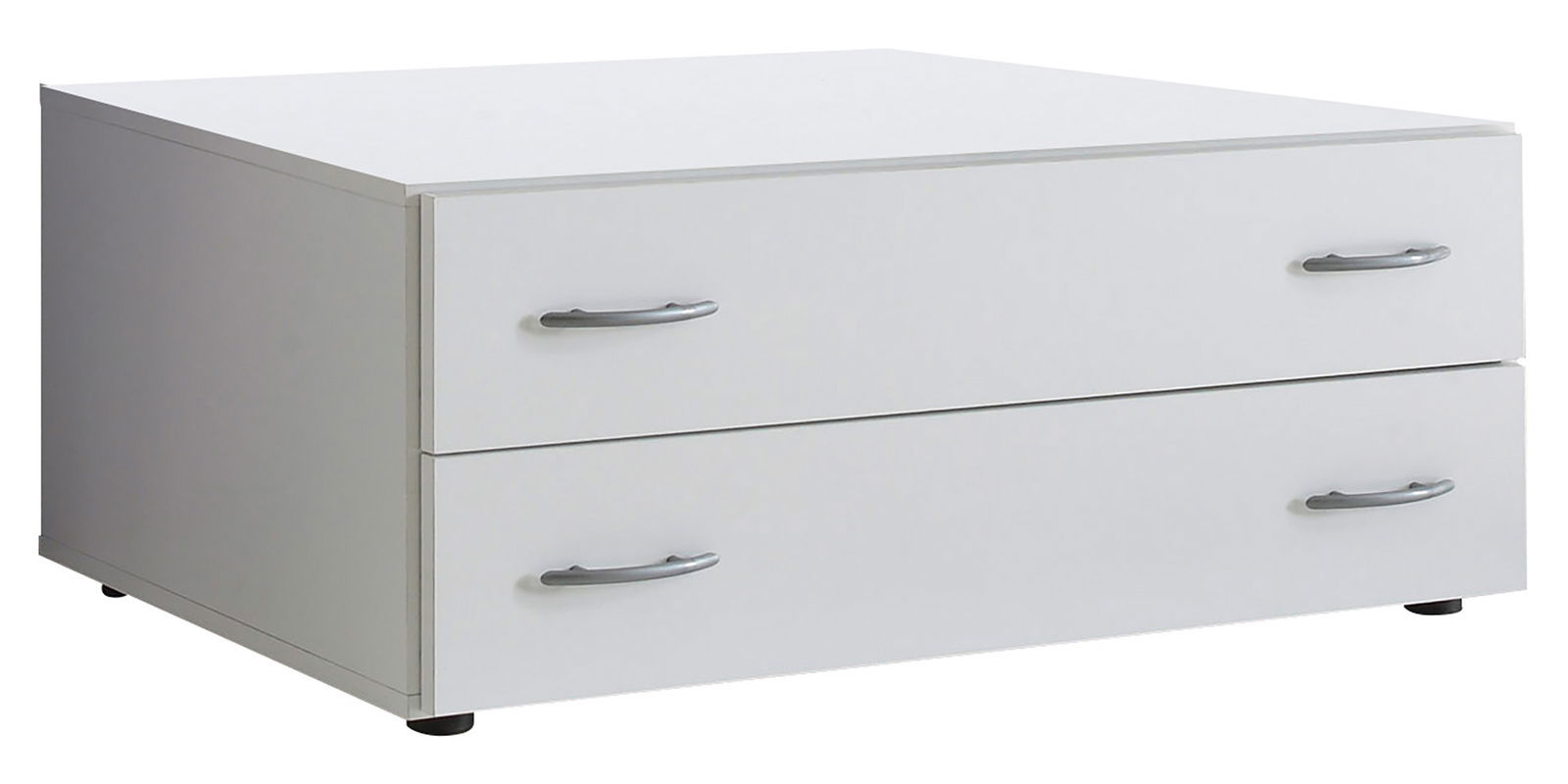 Z2 Schubkastenuntersatz f. 2-trg. JOE Weißer Schubkastenuntersatz mit zwei Schubladen und silbernen Griffen, seitliche Perspektive