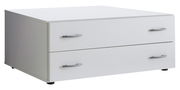 Weißer Schubkastenuntersatz mit zwei Schubladen und silbernen Griffen, seitliche Perspektive