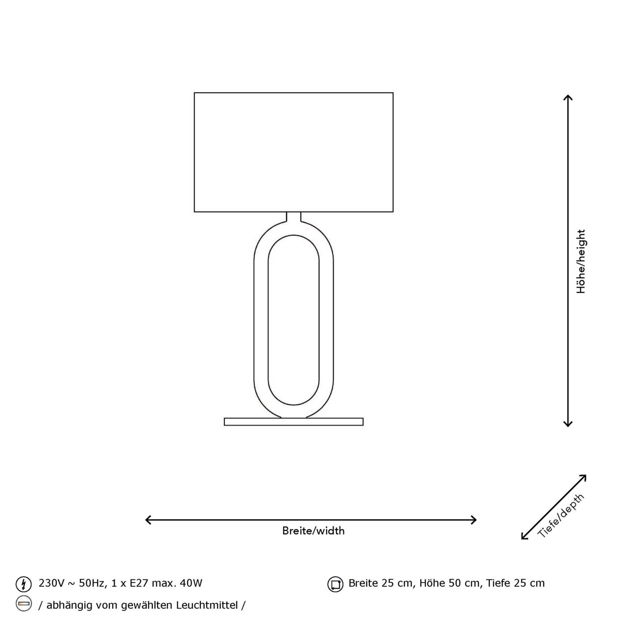 Skizze einer Tischleuchte mit ovalem Sockel und rechteckigem Lampenschirm, seitliche Perspektive