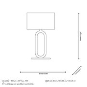 Skizze einer Tischleuchte mit ovalem Sockel und rechteckigem Lampenschirm, seitliche Perspektive