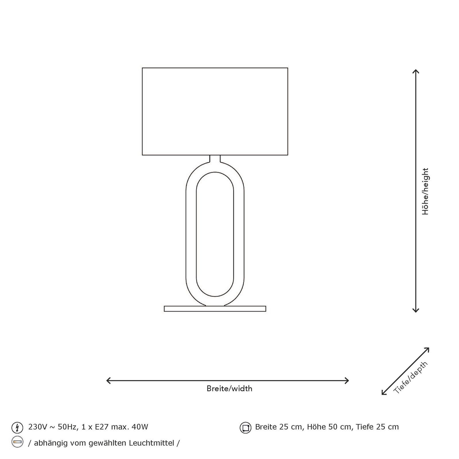 Skizze einer Tischleuchte mit ovalem Sockel und rechteckigem Lampenschirm, seitliche Perspektive