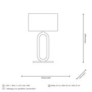 Skizze einer Tischleuchte mit ovalem Sockel und rechteckigem Lampenschirm, seitliche Perspektive