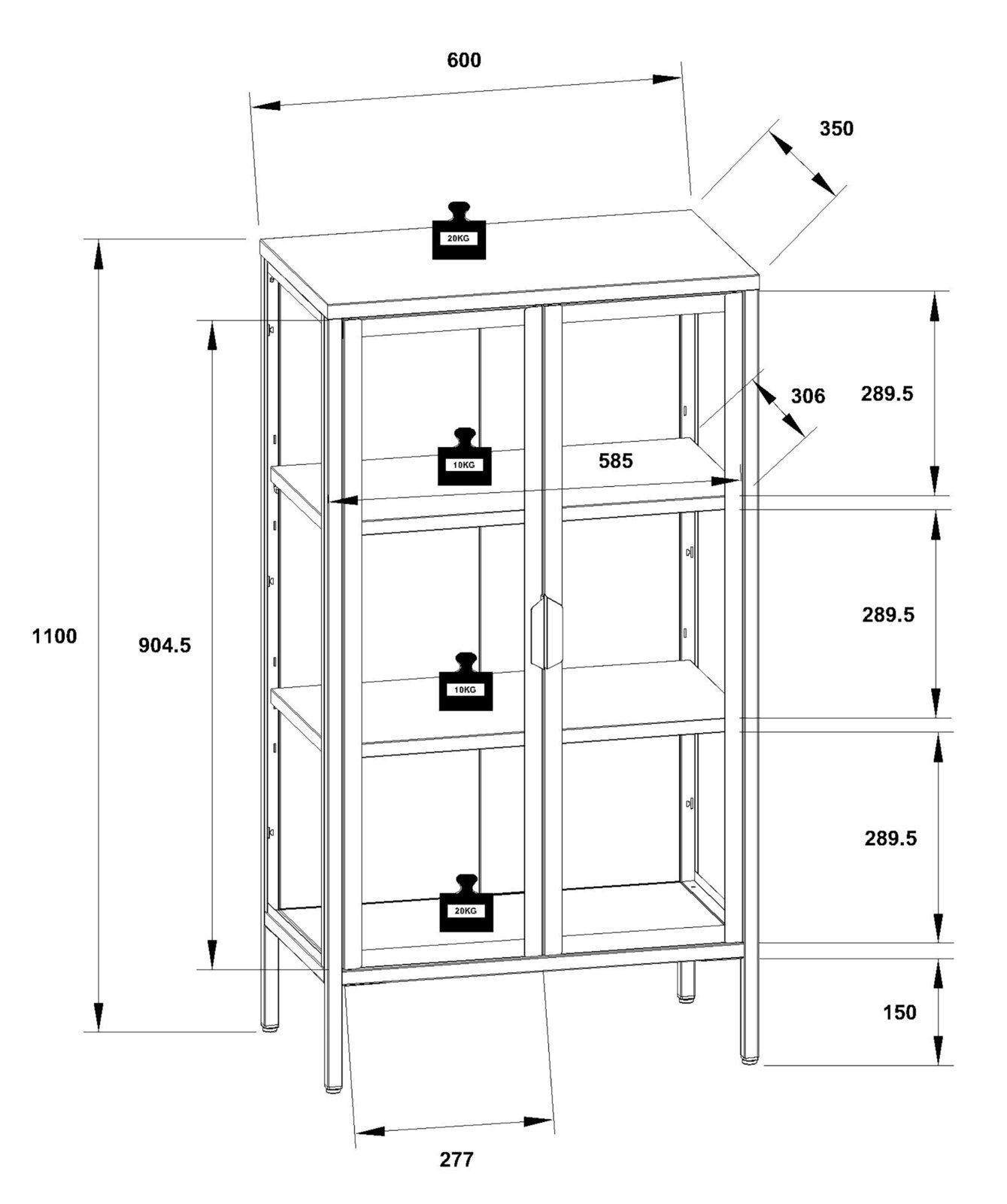 Technische Zeichnung eines hohen Metall-Aufbewahrungsschranks mit zwei Türen und drei Einlegeböden, Maße ca. 600 x 350 x 1100 mm, Frontansicht in leichter Perspektive mit Maßangaben und Traglastsymbolen