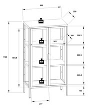 Technische Zeichnung eines hohen Metall-Aufbewahrungsschranks mit zwei Türen und drei Einlegeböden, Maße ca. 600 x 350 x 1100 mm, Frontansicht in leichter Perspektive mit Maßangaben und Traglastsymbolen
