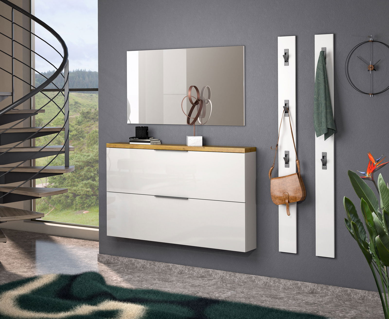 Moderne Garderobeneinrichtung mit weißem Hängeschuhschrank und Garderobenleiste, seitliche Perspektive