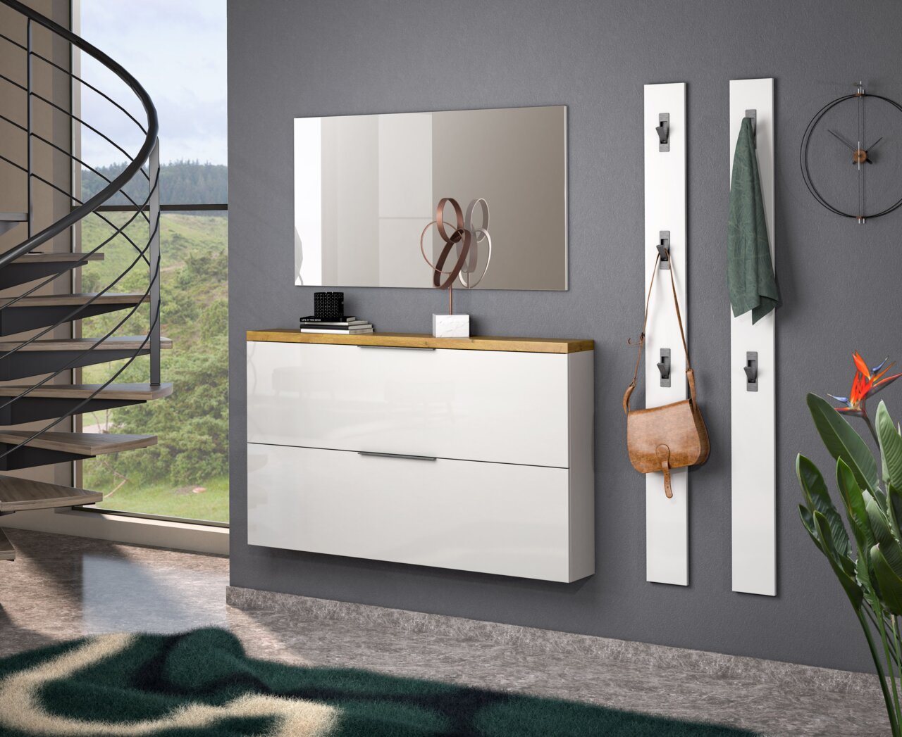 XORA Hängeschuhschrank IDEA Moderne Garderobeneinrichtung mit weißem Hängeschuhschrank und Garderobenleiste, seitliche Perspektive