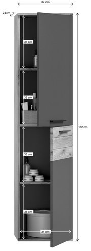 Hochschrank mit grauen Türen und Holzoptik, frontal abgebildet, mit mehreren Fächern zur Aufbewahrung.