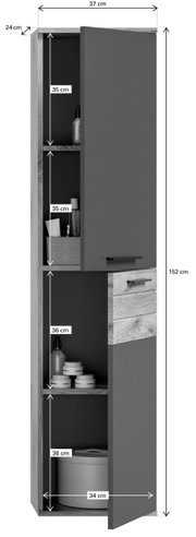 Hochschrank mit grauen Türen und Holzoptik, frontal abgebildet, mit mehreren Fächern zur Aufbewahrung.