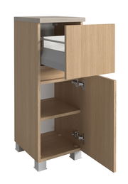 Unterschrank aus Holz mit geöffneter Schublade und Tür, seitliche Perspektive