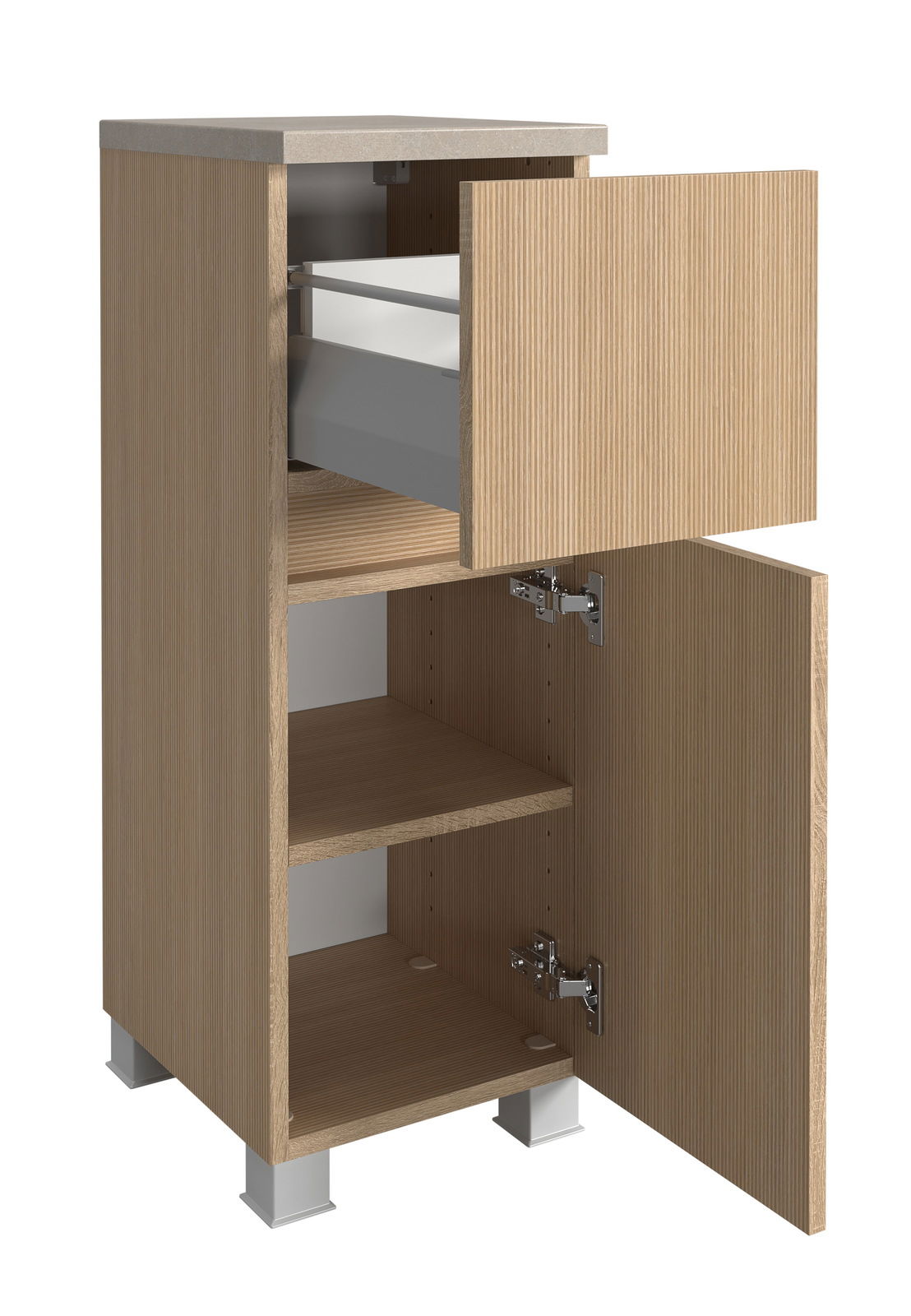 Unterschrank aus Holz mit geöffneter Schublade und Tür, seitliche Perspektive