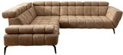 Beige/bruin bouclé hoekbank met chaise longue links, doorgestikte kussenvakken en zwarte metalen poten, gefotografeerd in schuin vooraanzicht