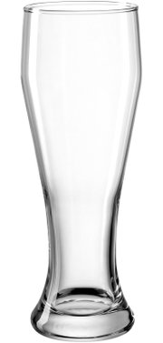 Klares, hohes Bierglas mit geschwungener Silhouette und massivem Standfuß, frontal aus leichter Obersicht auf weißem Hintergrund