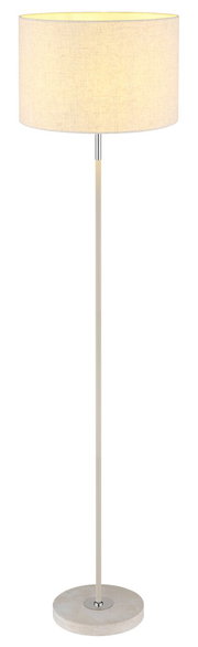 Stehleuchte mit rundem Stoffschirm und schlankem, geradem Ständer, seitliche Perspektive